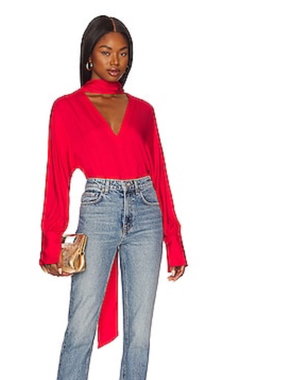 L'Academie Red V-Neck Long-Sleeve Top with Neck Tie